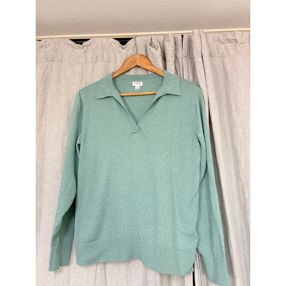 J.Crew Womens Long Sleeve Polo Sweater Seafoam Green V-Neck Knit Size M